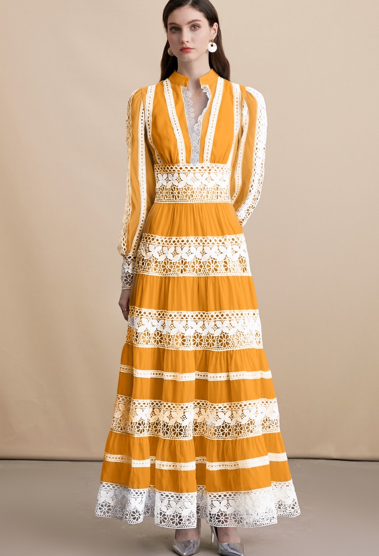 France style big skirt retro V-neck lace hollow dress