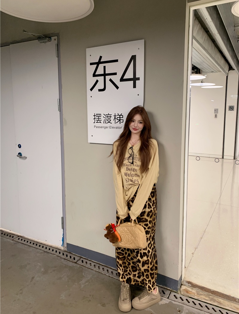 Casual minimalist T-shirt letters leopard skirt a set for women