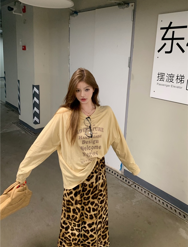 Casual minimalist T-shirt letters leopard skirt a set for women