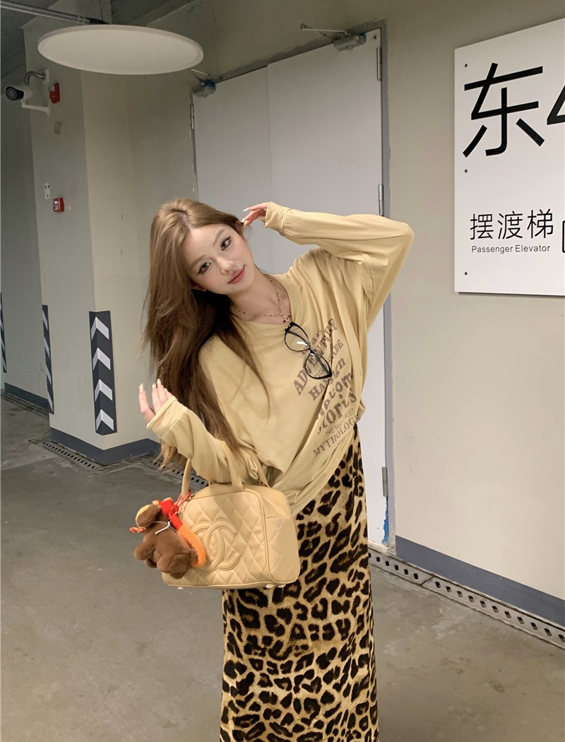 Casual minimalist T-shirt letters leopard skirt a set for women