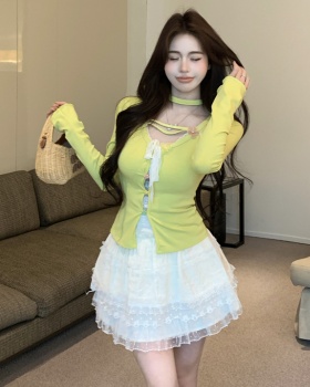 Long sleeve cake skirt lace sweet sweater 2pcs set for women