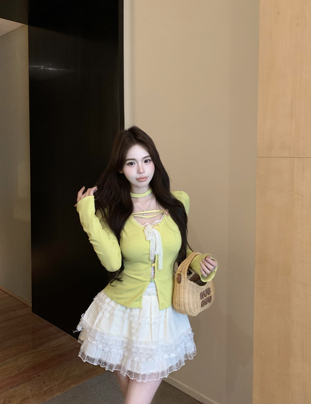 Long sleeve cake skirt lace sweet sweater 2pcs set for women