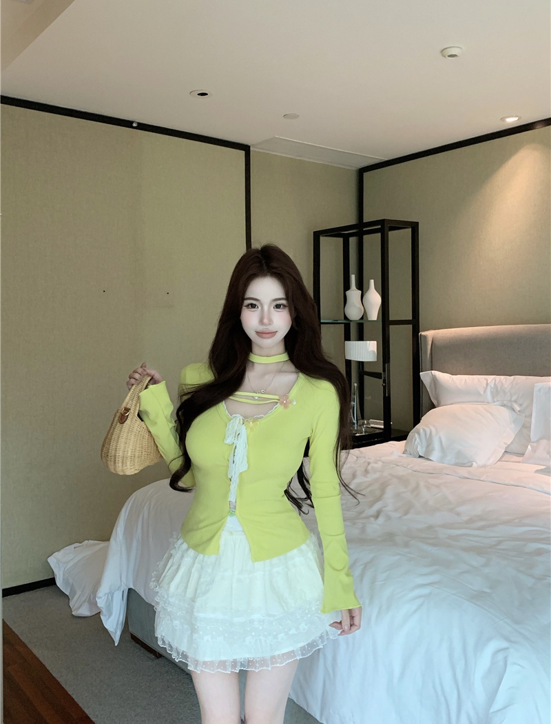 Long sleeve cake skirt lace sweet sweater 2pcs set for women