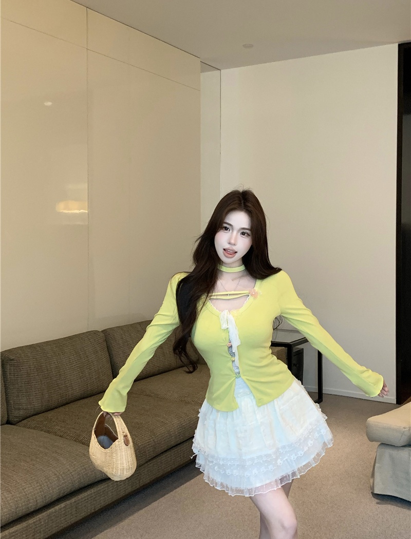 Long sleeve cake skirt lace sweet sweater 2pcs set for women