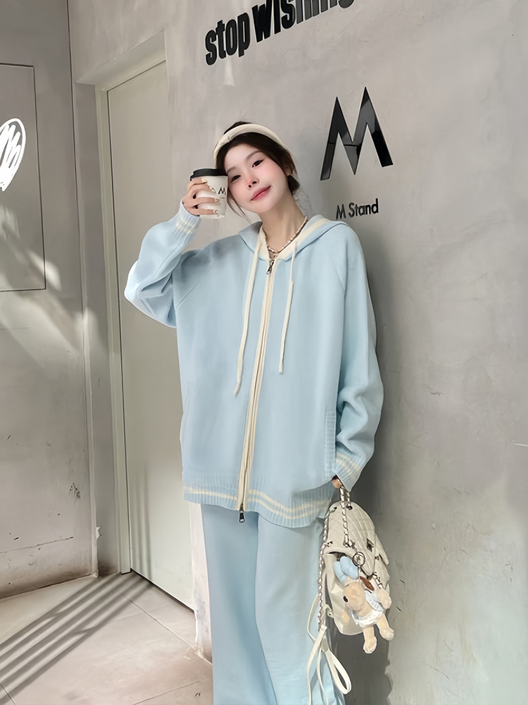 Korean style spring hoodie loose wide leg pants 2pcs set