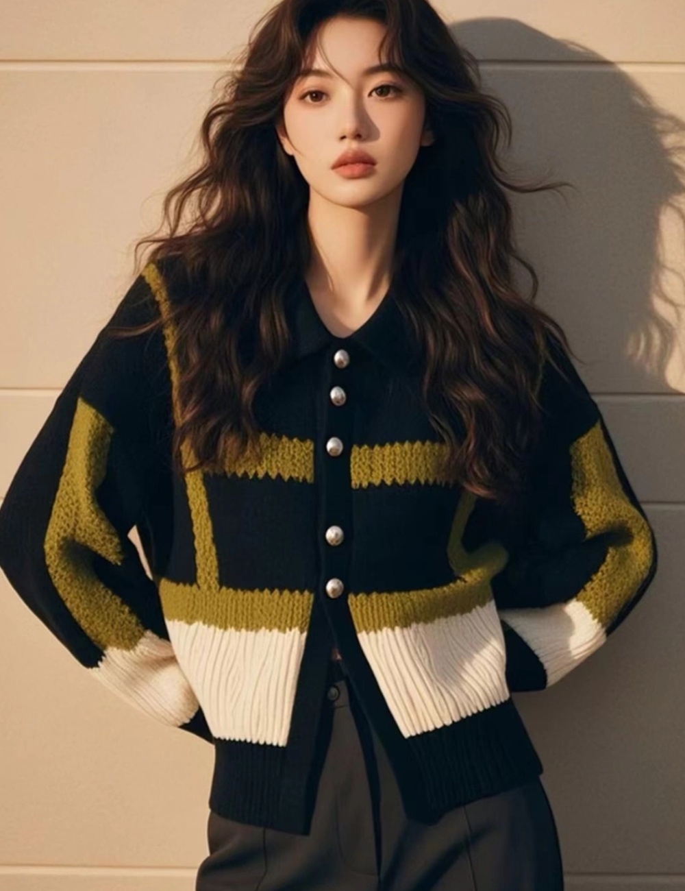 Wool mixed colors knitted stripe cardigan for women