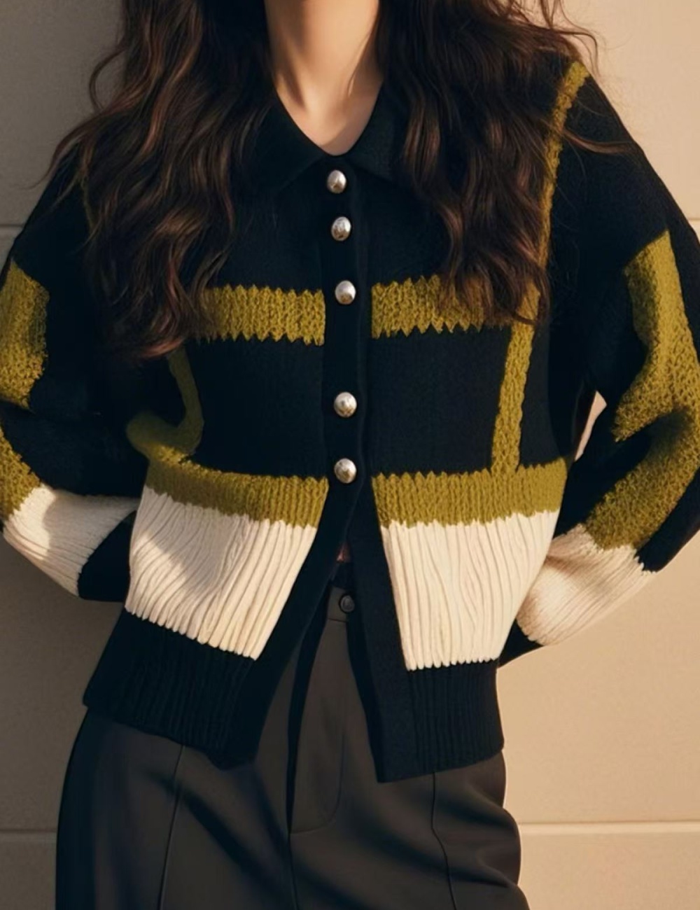 Wool mixed colors knitted stripe cardigan for women