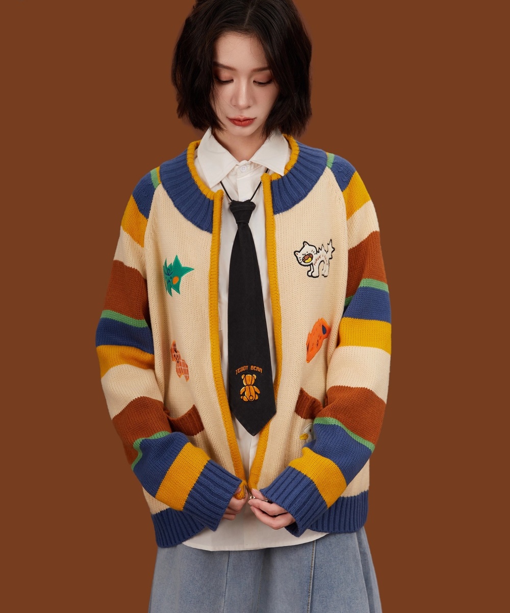 Autumn and winter mixed colors cardigan stripe sweater