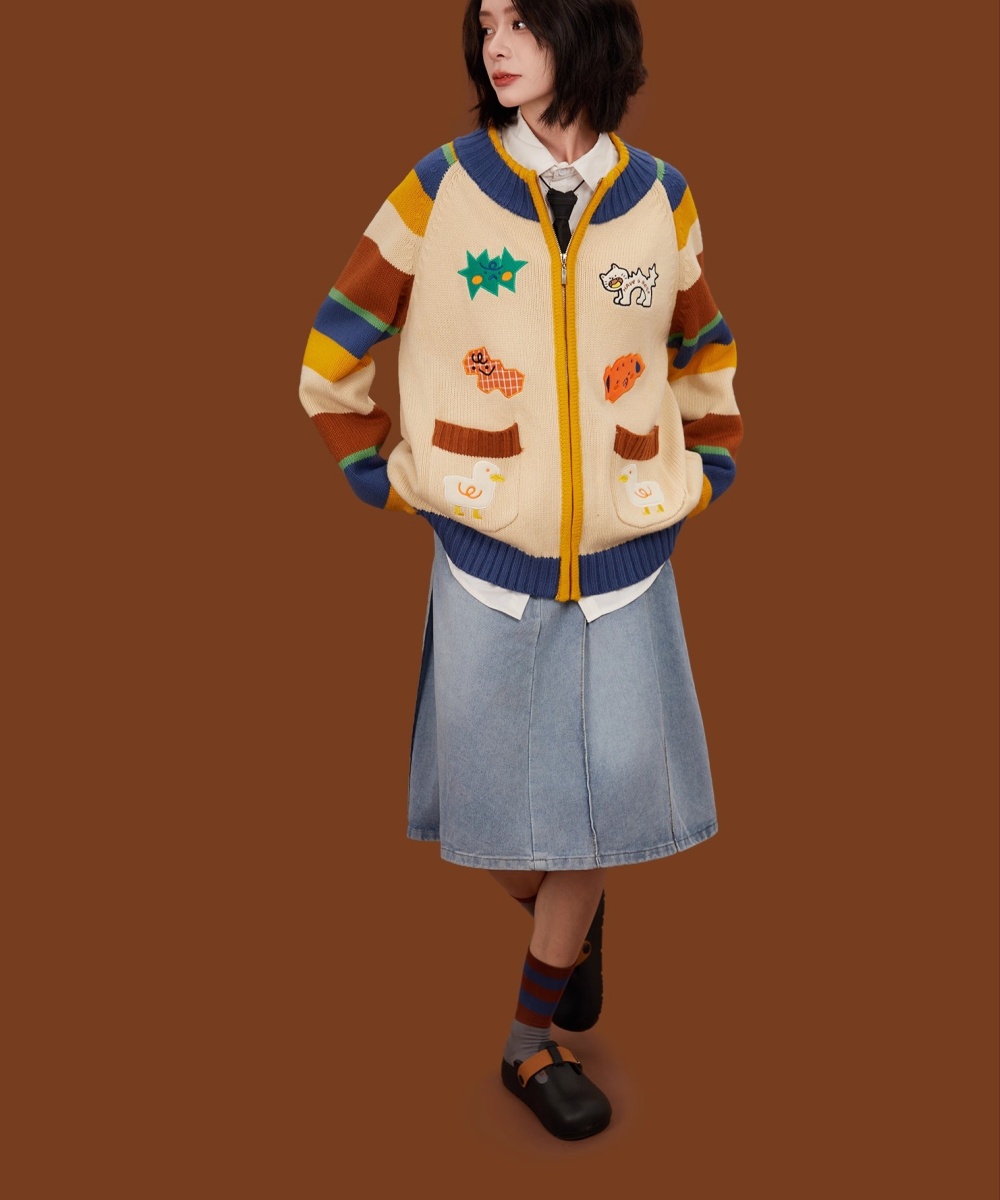 Autumn and winter mixed colors cardigan stripe sweater