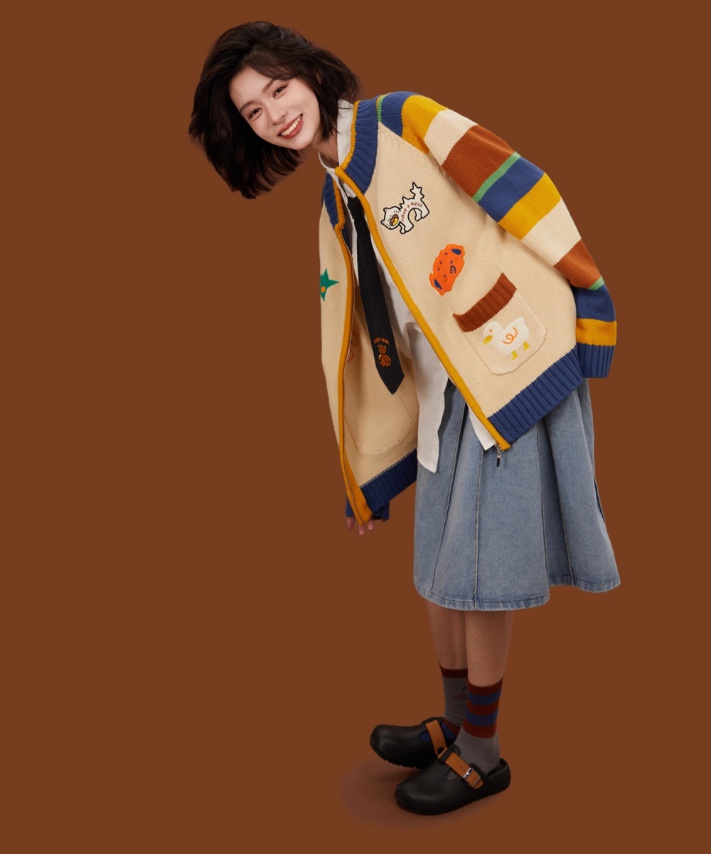 Autumn and winter mixed colors cardigan stripe sweater