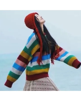 Fashion Western style sweater stripe rainbow cardigan