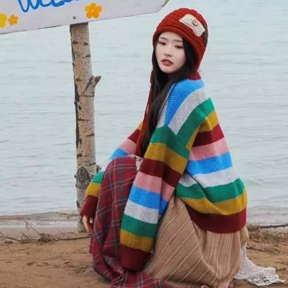 Fashion Western style sweater stripe rainbow cardigan