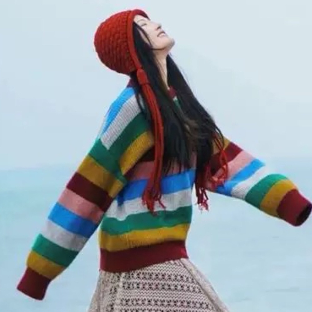 Fashion Western style sweater stripe rainbow cardigan