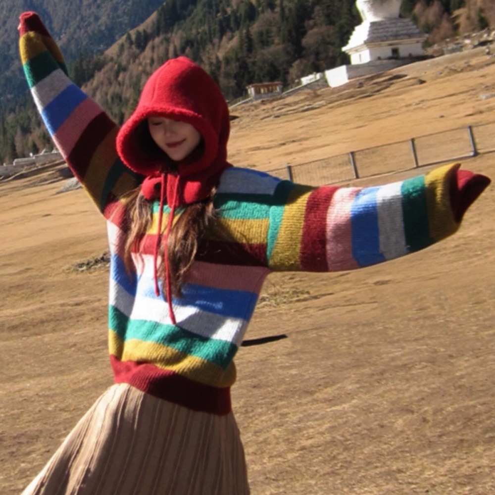 Fashion Western style sweater stripe rainbow cardigan