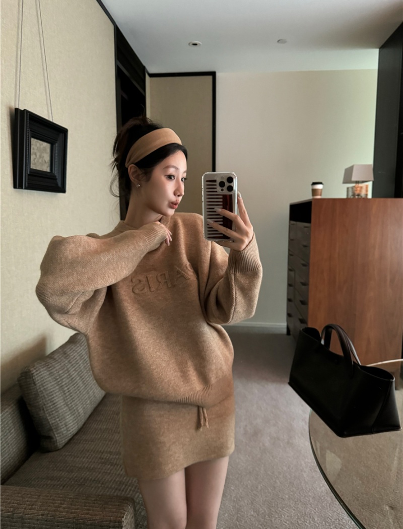 Temperament high waist skirt lazy sweater 2pcs set