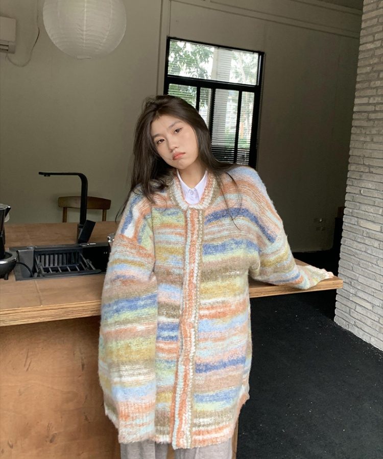 Autumn and winter lazy loose cardigan knitted mixed colors coat