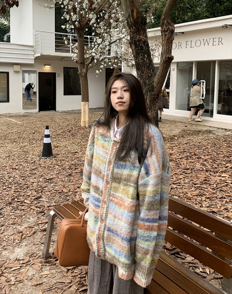 Autumn and winter lazy loose cardigan knitted mixed colors coat