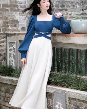 Long sleeve splice France style retro dress