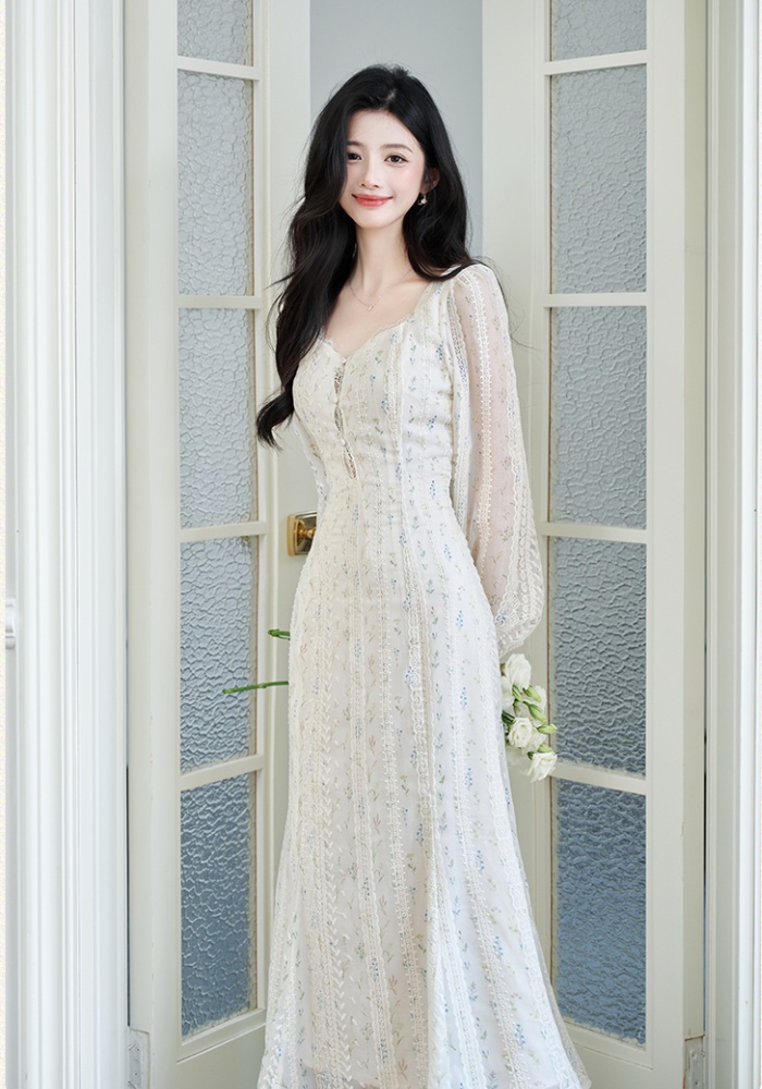 Embroidery long sleeve floral France style dress