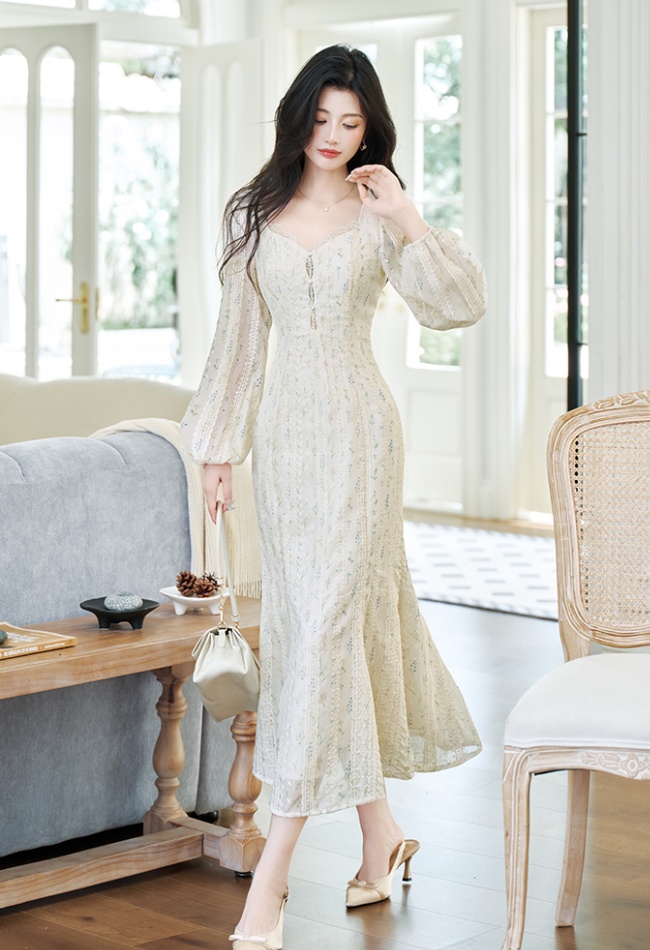 Embroidery long sleeve floral France style dress