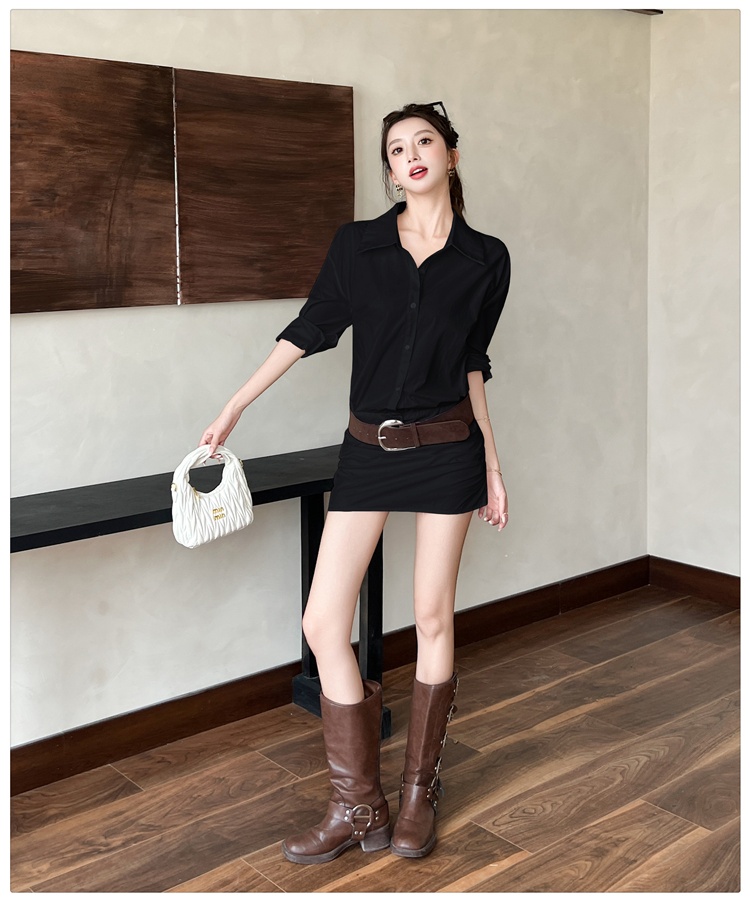 Pinched waist slim shirt long sleeve dress for women