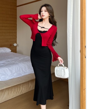 Autumn temperament cardigan spicegirl strap dress 2pcs set