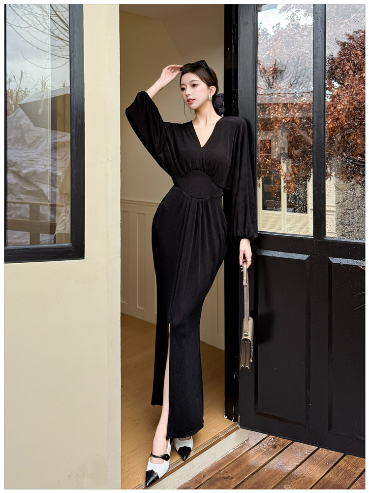 Split France style long dress long sleeve dress for women