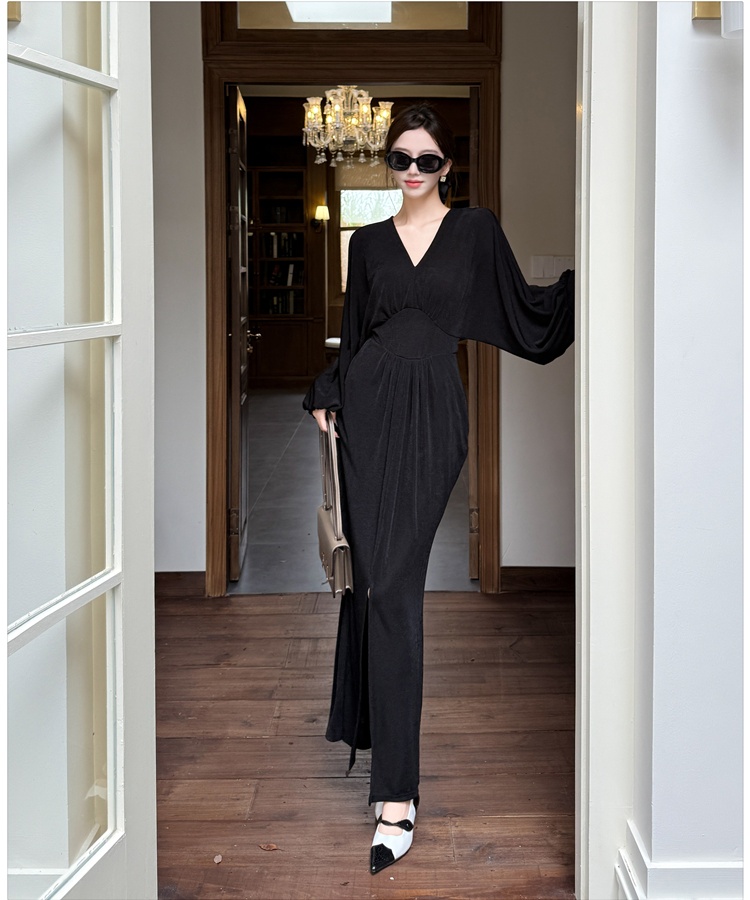 Split France style long dress long sleeve dress for women