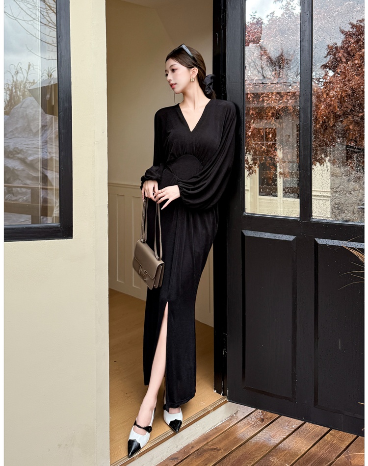 Split France style long dress long sleeve dress for women