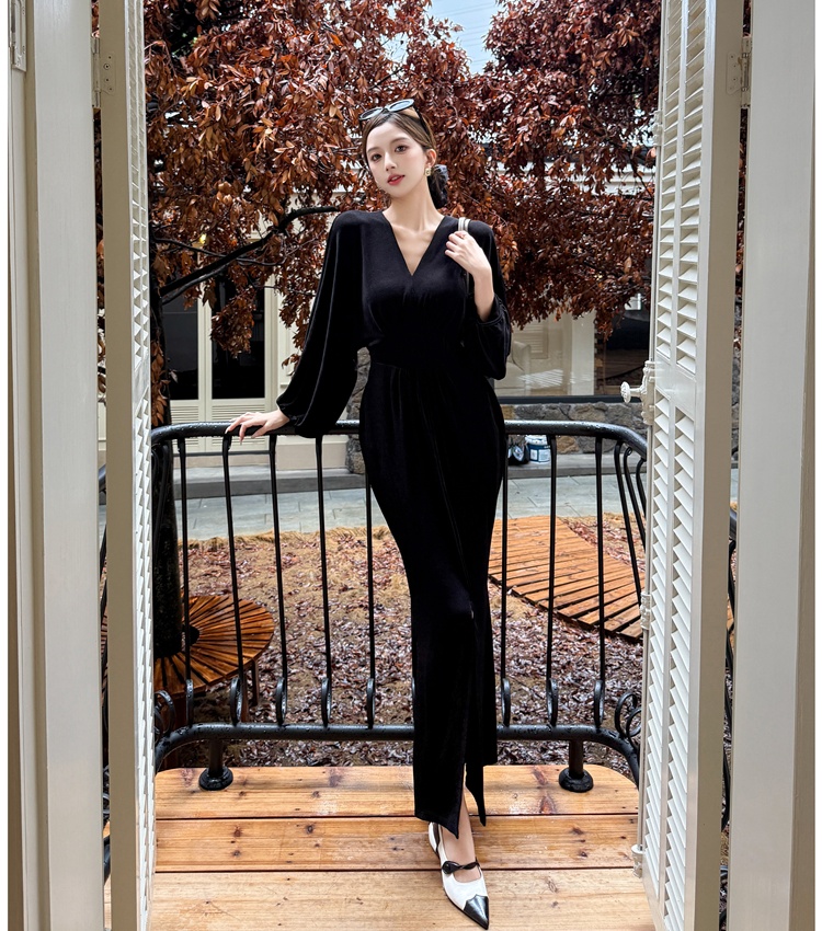 Split France style long dress long sleeve dress for women
