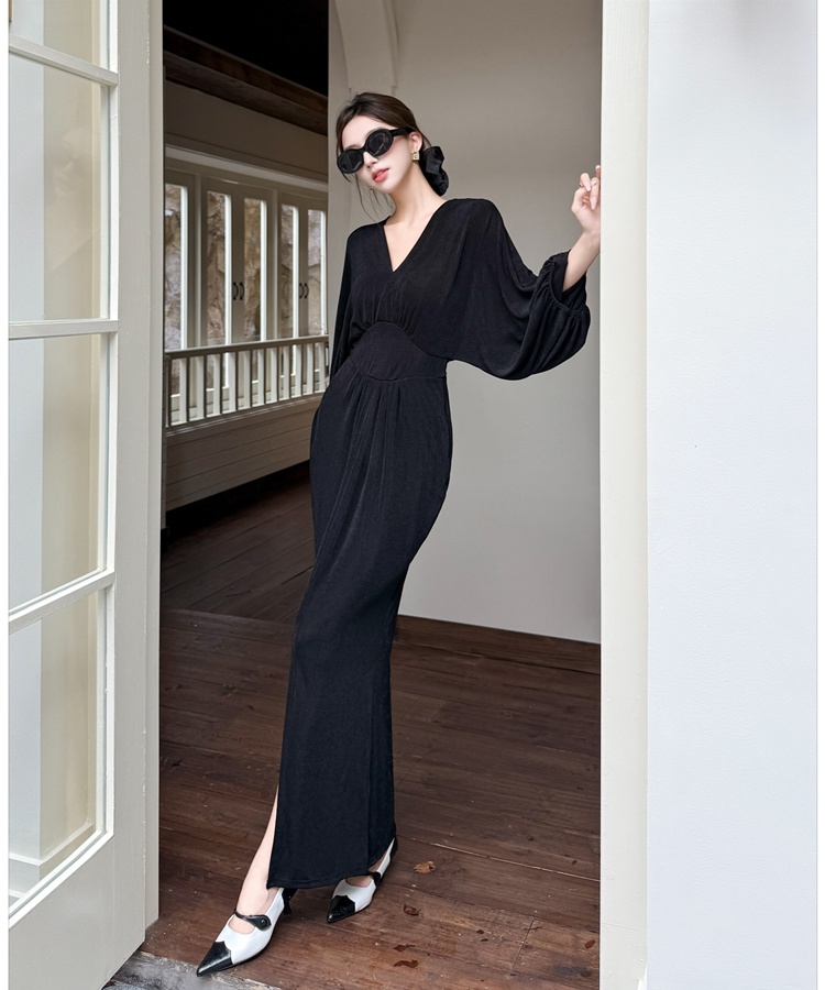 Split France style long dress long sleeve dress for women