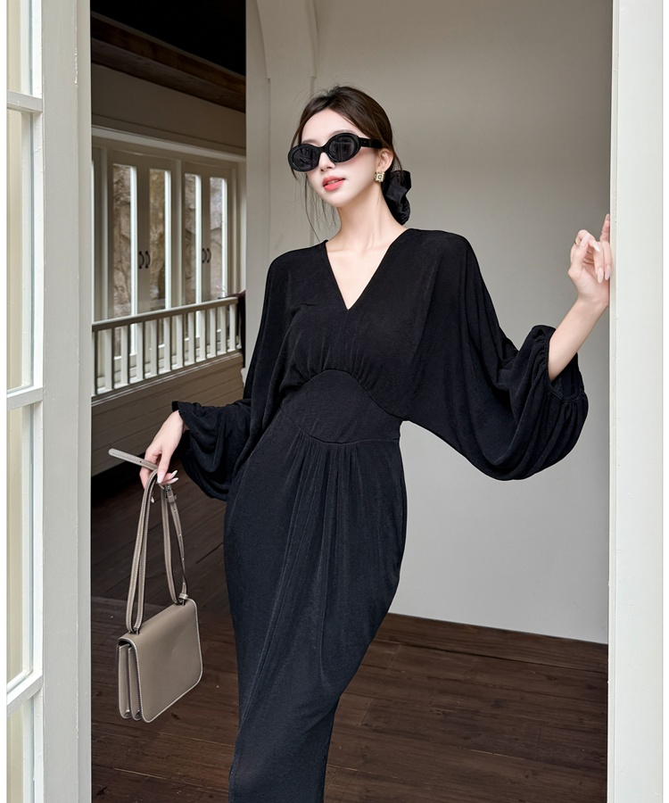 Split France style long dress long sleeve dress for women