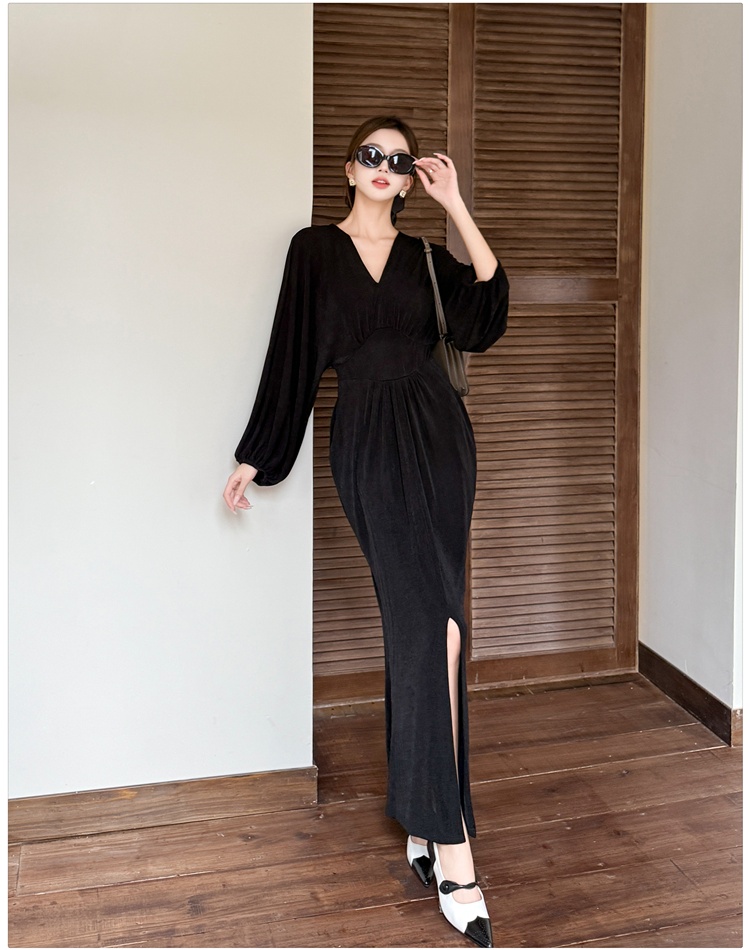 Split France style long dress long sleeve dress for women