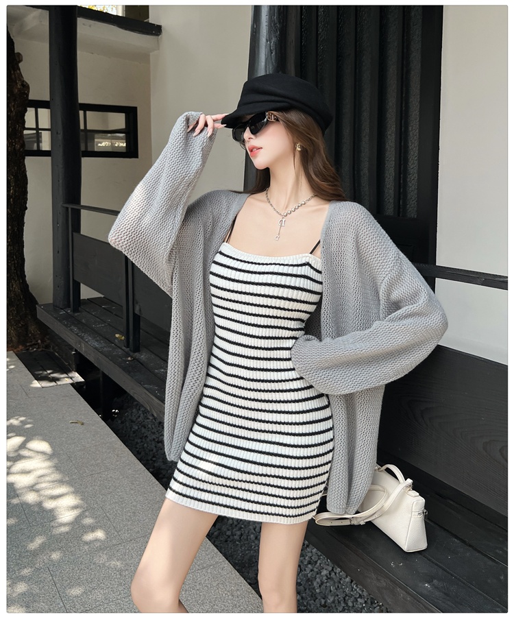Knitted hollow sweater black-white cardigan 2pcs set