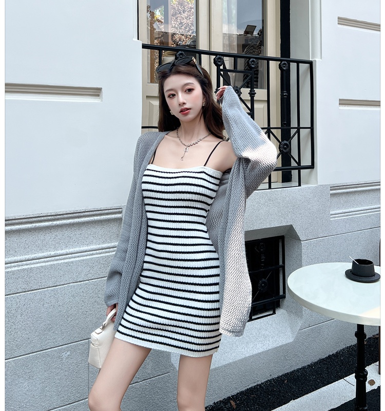 Knitted hollow sweater black-white cardigan 2pcs set