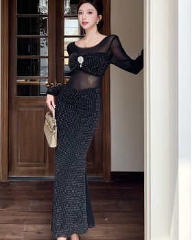 Hip autumn and winter long dress rhinestone gauze dress