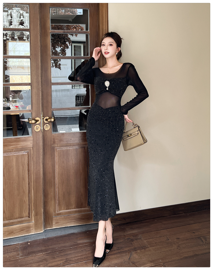 Hip autumn and winter long dress rhinestone gauze dress