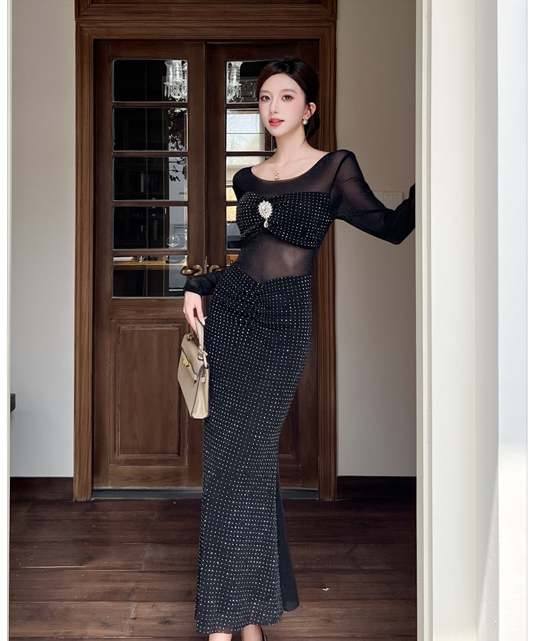 Hip autumn and winter long dress rhinestone gauze dress