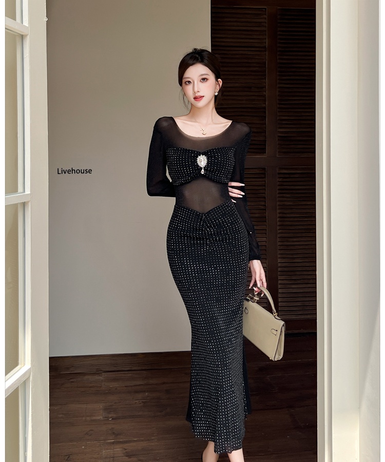 Hip autumn and winter long dress rhinestone gauze dress