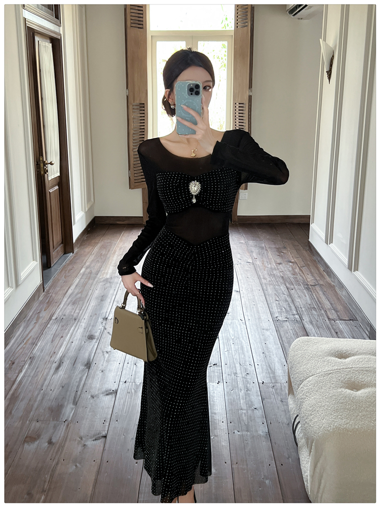 Hip autumn and winter long dress rhinestone gauze dress