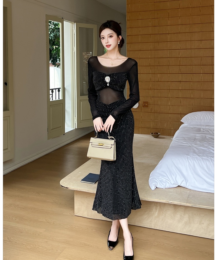 Hip autumn and winter long dress rhinestone gauze dress