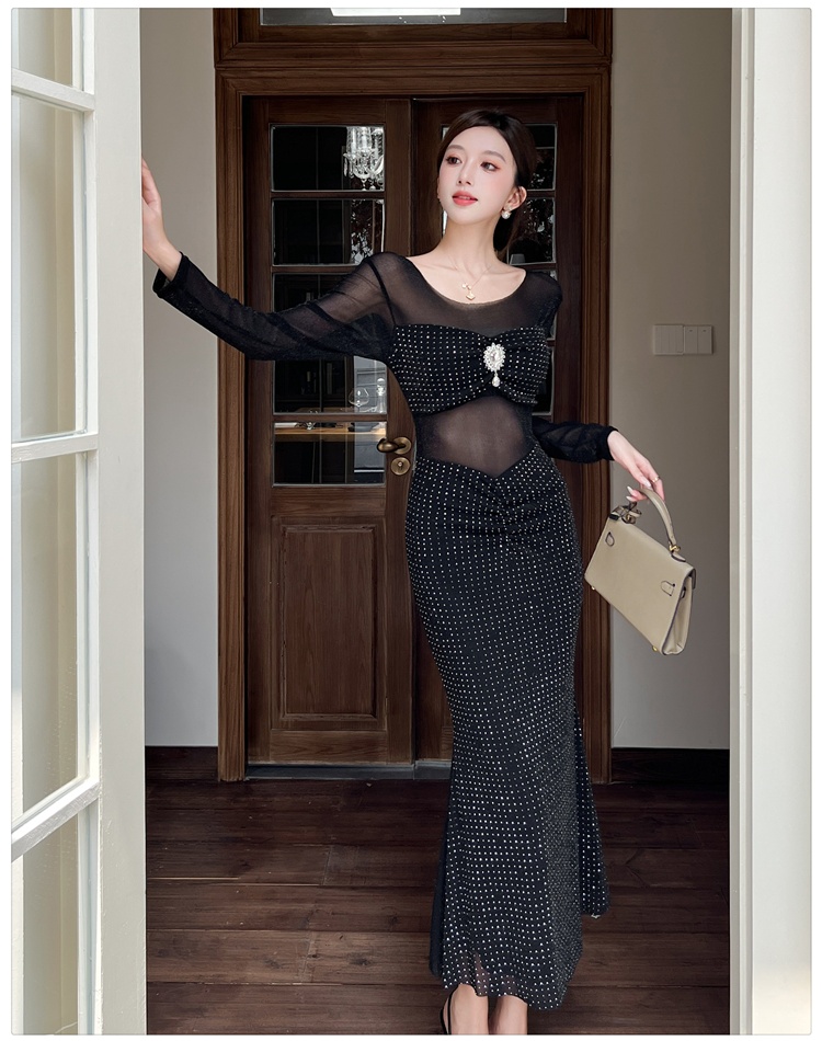 Hip autumn and winter long dress rhinestone gauze dress