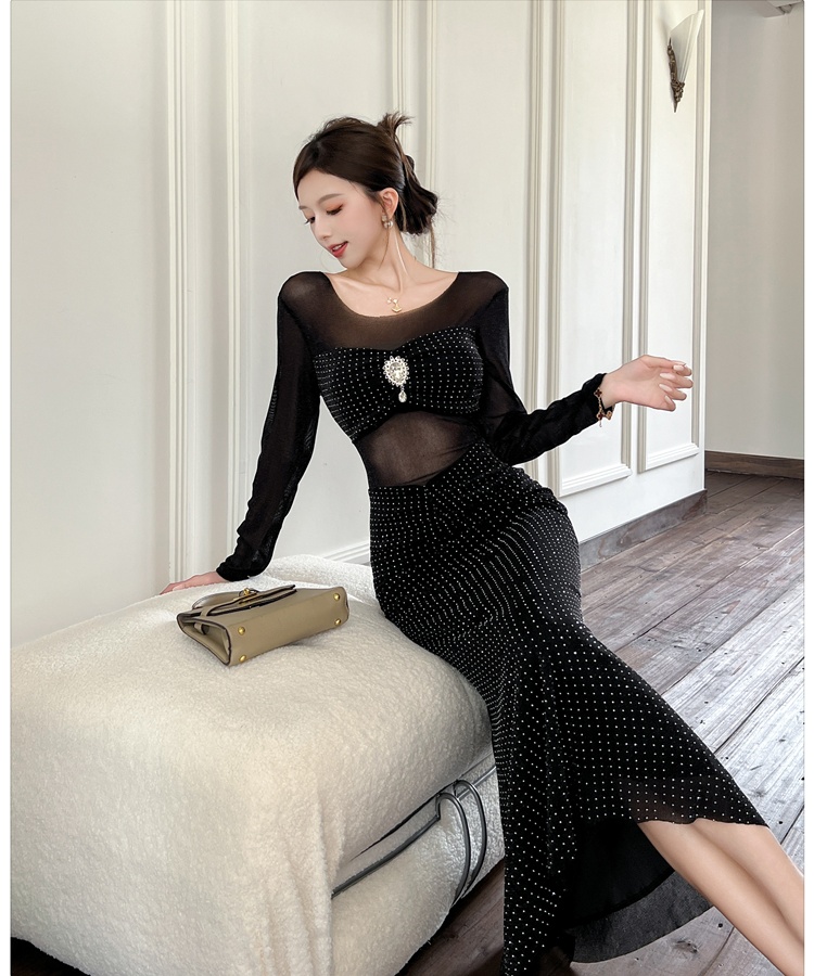 Hip autumn and winter long dress rhinestone gauze dress