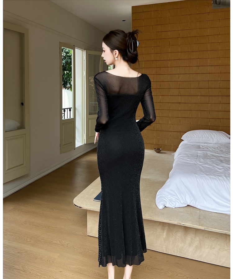 Hip autumn and winter long dress rhinestone gauze dress