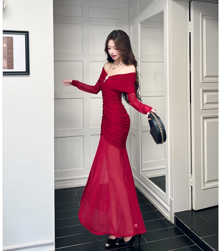 Sexy niche formal dress flat shoulder dress for women