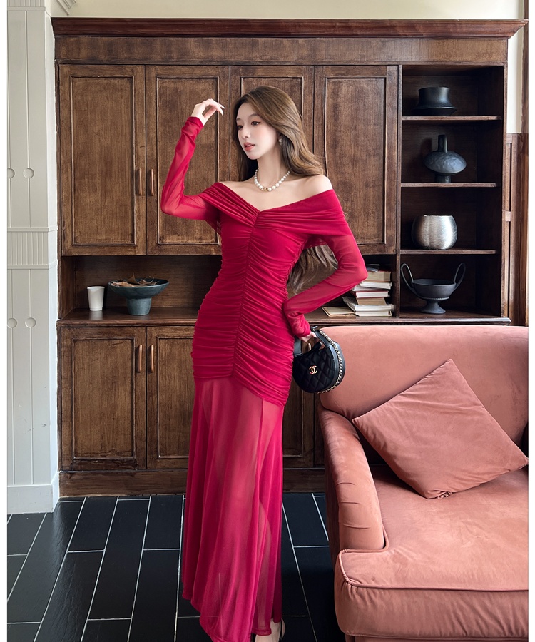 Sexy niche formal dress flat shoulder dress for women