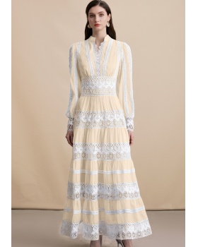 Pinched waist big skirt V-neck long sleeve hollow dress