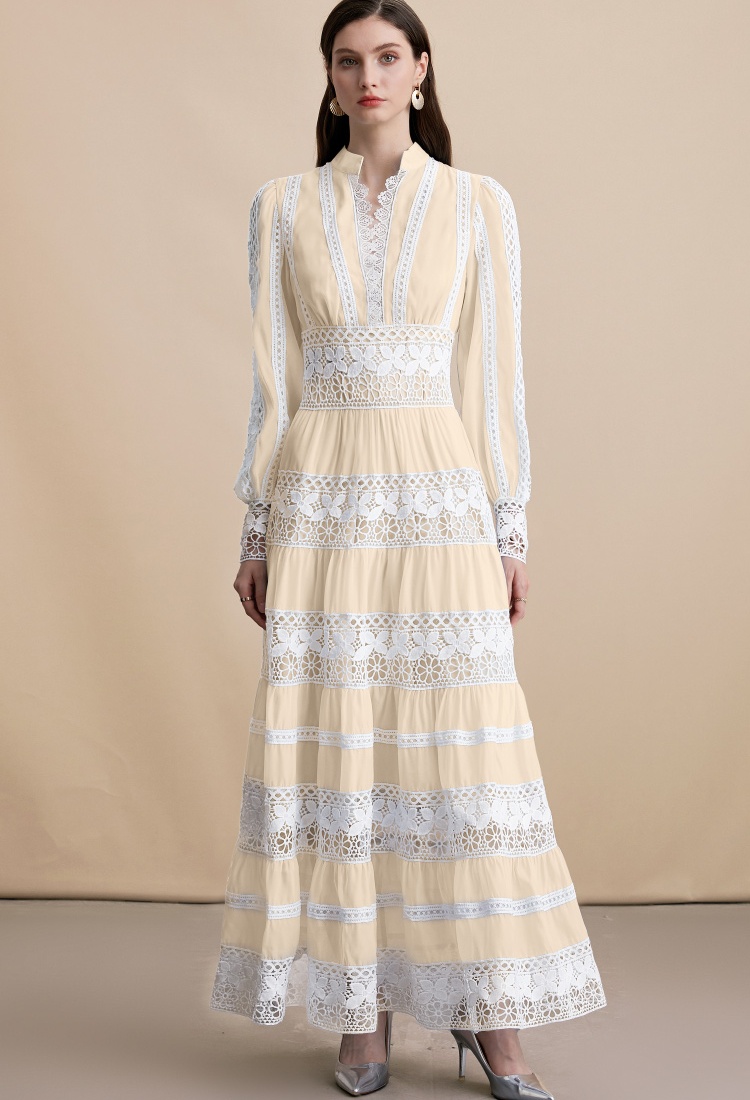 Pinched waist big skirt V-neck long sleeve hollow dress