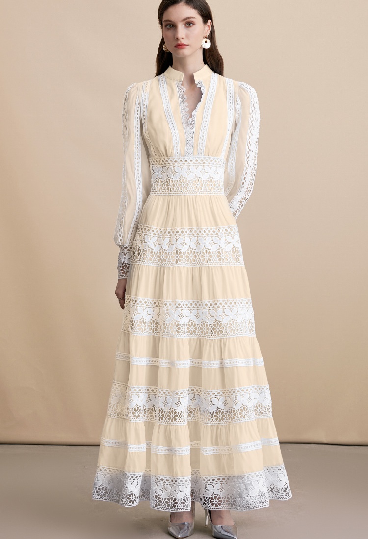 Pinched waist big skirt V-neck long sleeve hollow dress