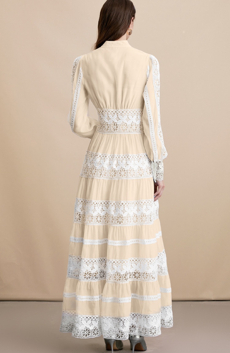 Pinched waist big skirt V-neck long sleeve hollow dress